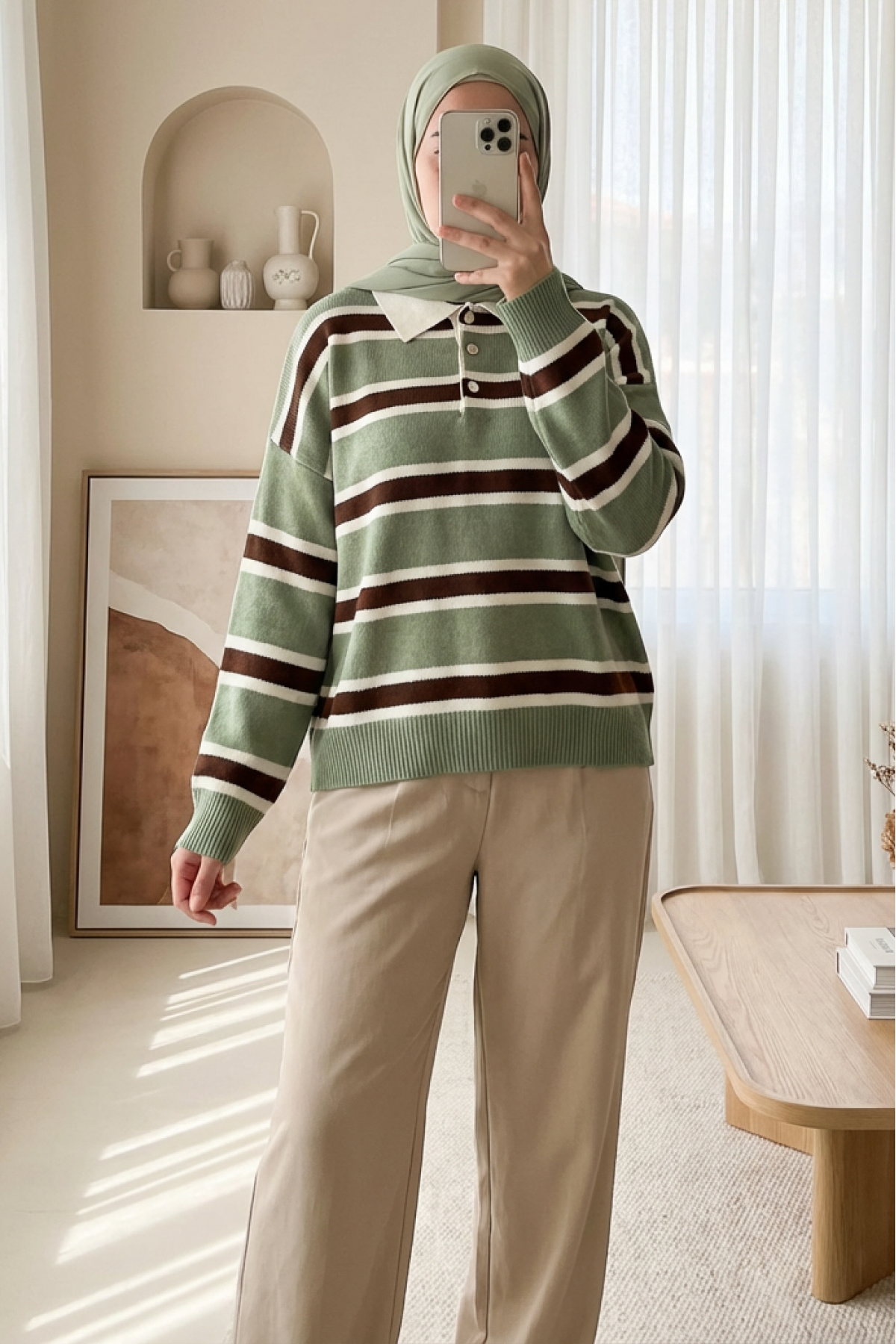 Polo Collar Buttoned Colorful Striped Knit Sweater  -Green
