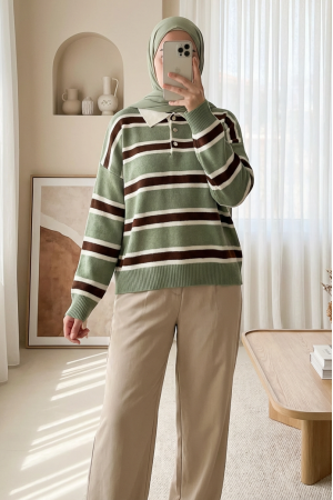 Polo Collar Buttoned Colorful Striped Knit Sweater  -Green