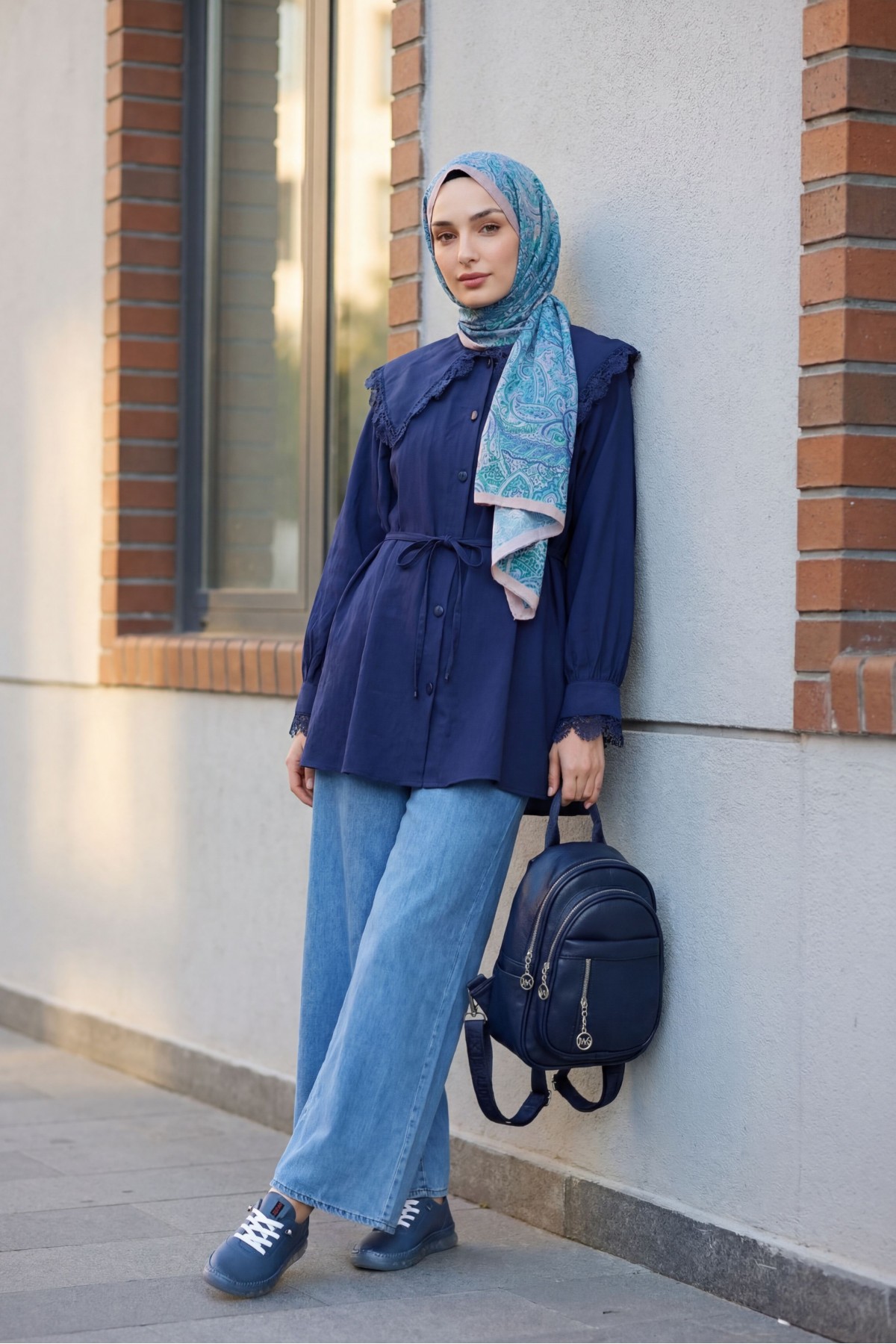 Wide Leg Waist Elastic Lacing Detail Jeans       -Blue detay görseli