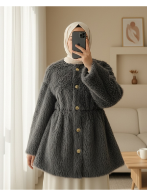 İçi Astarlı Beli Büzgülü Kürklü Ceket -Füme