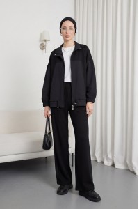 Beli Bağcıklı Kolu Lastikli Önü Fermuarlı Paraşüt Detaylı Penye Takım -Siyah