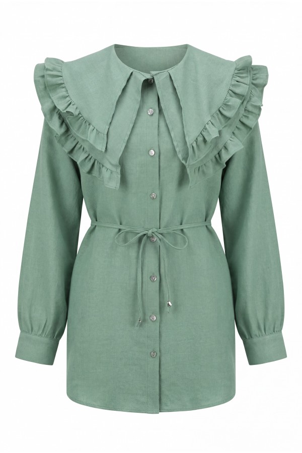 Linen Tunic with Double Layer Ruffled Collar, Buttoned Waist, and Drawstring -Mint Color