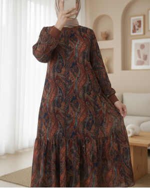 Ethnic Pattern Skirt Piece Lined Chiffon Dress -Brown
