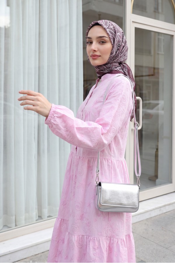 Half Buttoned Jacquard Printed Piece Dress with Elastic Sleeves   -Powder