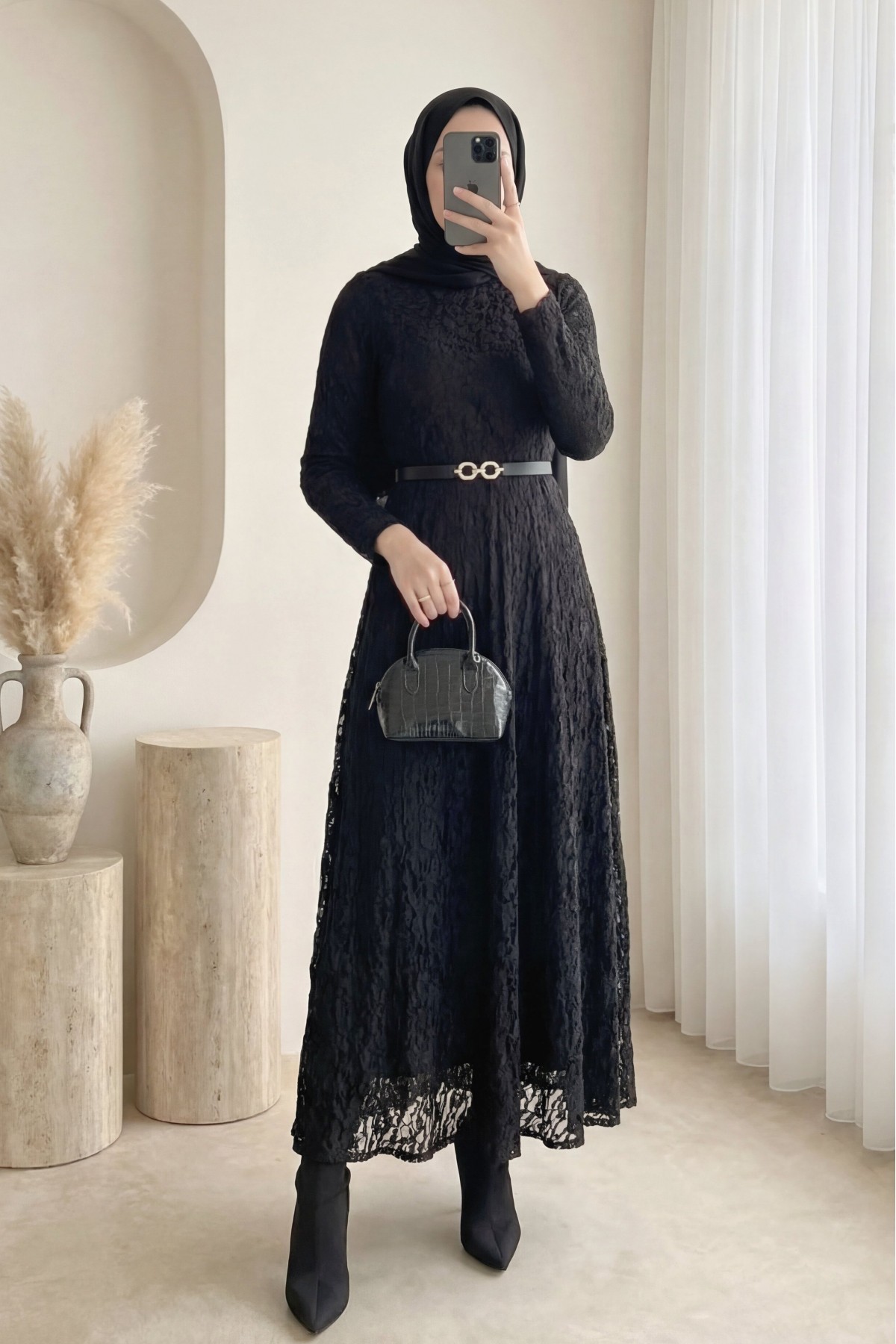 Belted Lined Guipure Lace Dress -Black