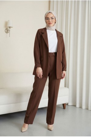 Tek Düğmeli Cep Detaylı Kruvaze Yaka Pantolonlu Krep Takım -Kahve