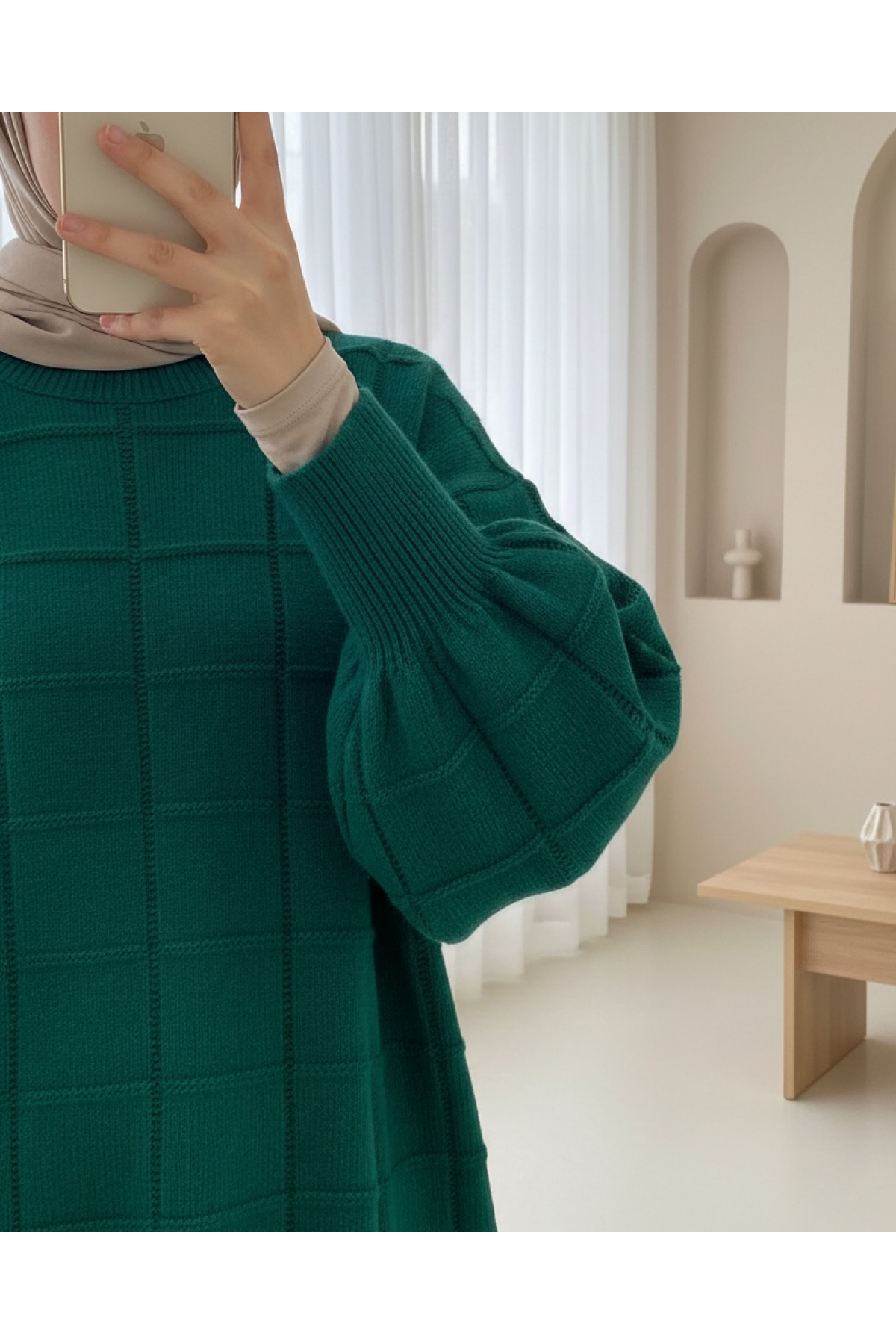 Square Patterned Slit Soft Knit Tunic  -Emerald