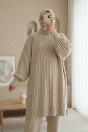 Fitilli Yırtmaçlı Yumoş Triko Tunik -Açık Vizon