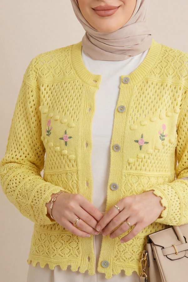 Knitted Cardigan with Floral Embroidery, Pom  -Yellow