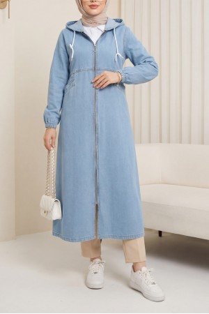 Yan Cepli Kolu Lastikli Kapşonlu Kot Kap -Açık Mavi