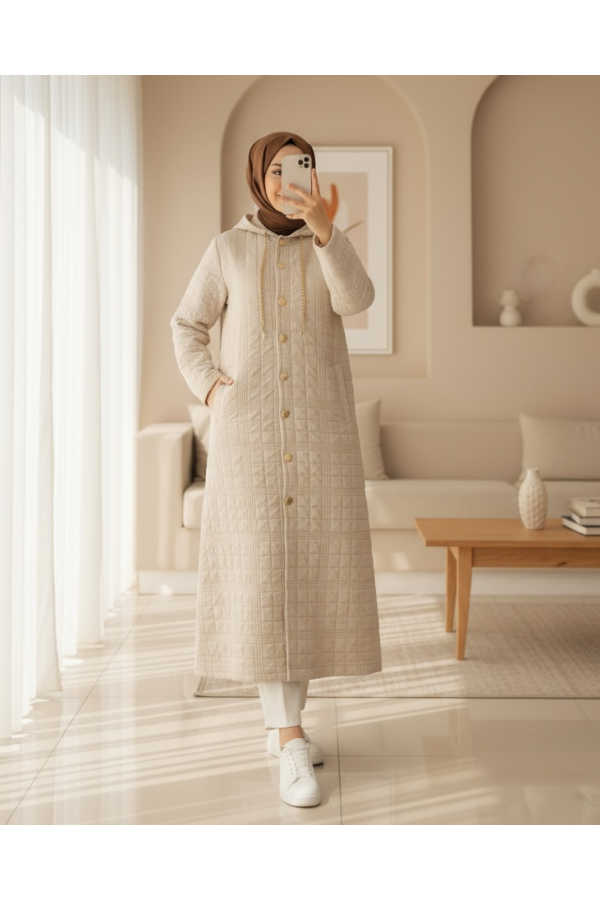 Hooded Button-Front Quilted Coat with Chain Detail -Stone