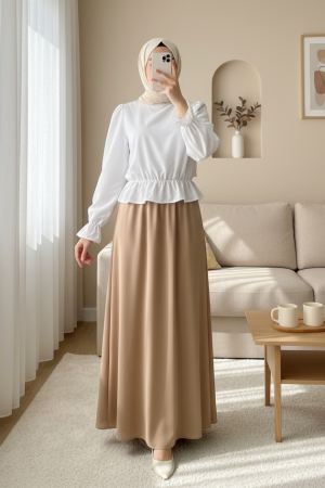 Poplin Blouse with Ruffled Cuffs and Gathered Waist -White