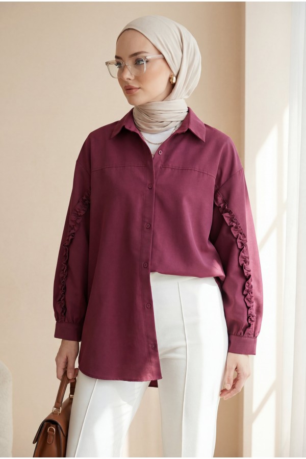 Buttoned Poplin Shirt with Ruffled Sleeves -Maroon