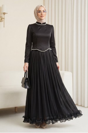 Üstü Saten Altı Janjan Şifon Taş Detaylı Volanlı Abiye -Siyah