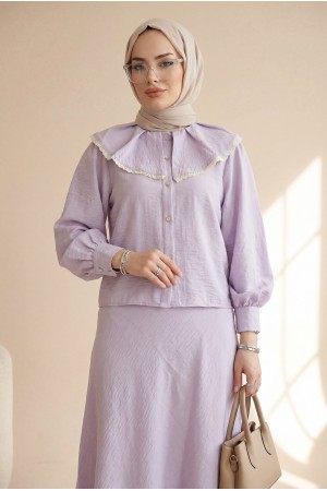 Lace Lettuce Collar Pure Linen Skirt Suit   -Lilac