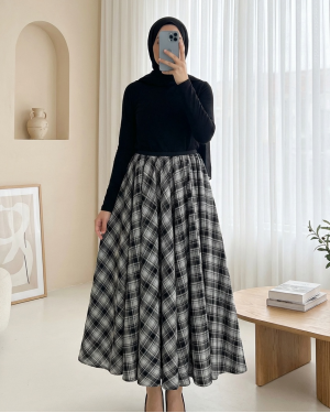Plaid Patterned 360 Degree Skirt with Elastic Waistband -İndigo