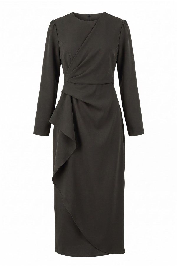 Asymmetrical Crepe Dress with Front Allery Skirt     -Dark Coffee