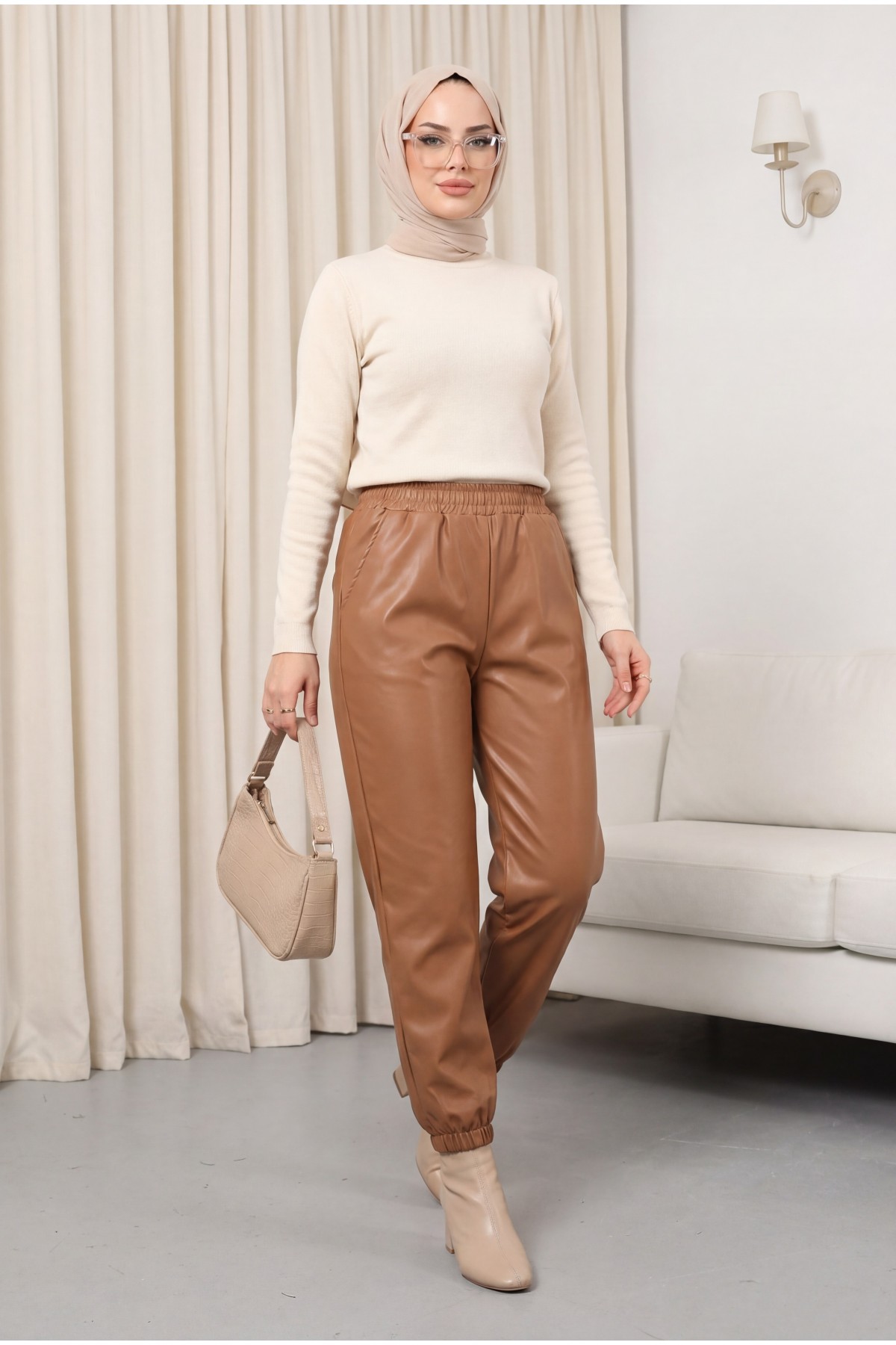 Elastic Waist and Leg Leather Trousers with Pockets -Snuff