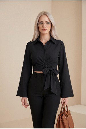 Beli Bağlamalı İspanyol Kol Poplin Gömlek Bluz -Siyah