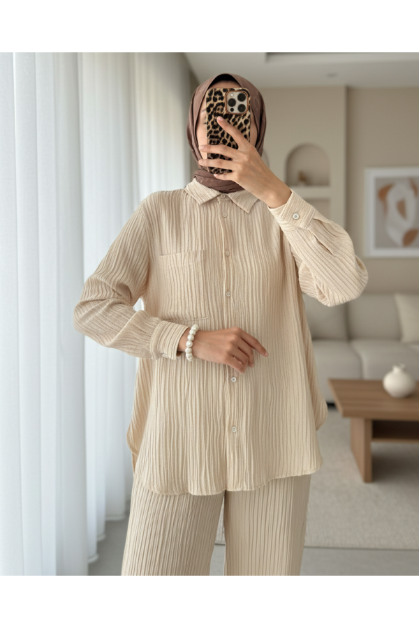Single Pocket Corduroy Tencel Fabric Two Piece Suit - Beige