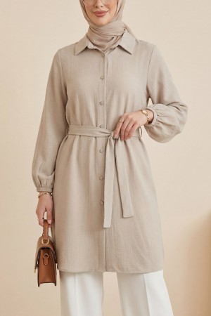 Kolu Lastikli Beli Bağcıklı Uzun Müslin Tunik -Bej