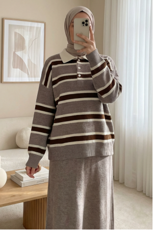 Polo Yaka Düğmeli Renkli Çizgili Triko Kazak  -Toprak