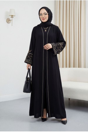 Nakışlı Kuşaklı Abaya Siyah HM2852