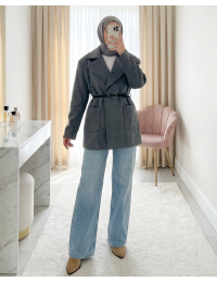 Belden Kemerli Cepli Ceket Yaka Kısa Kaşe Kaban 