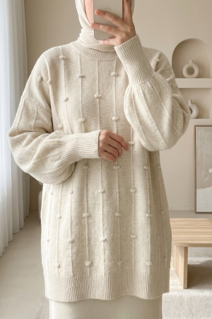 Soft Knit Sweater with Side Slits and Pompoms  -Cream color