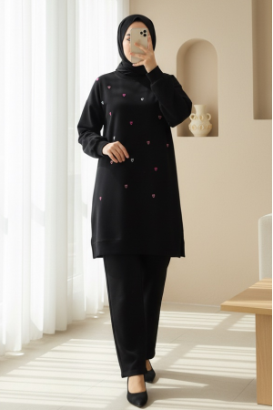Yuvarlak Yaka Kalp Desenli Penye Tunik  -Siyah