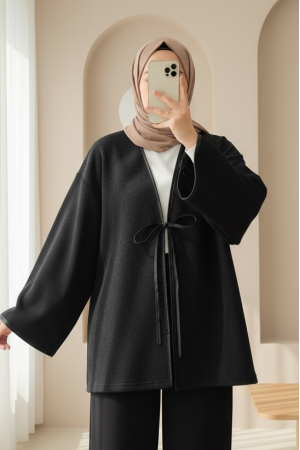 كيمونو فضفاض مع تفاصيل جلدية أمامية مربوطة -أسود