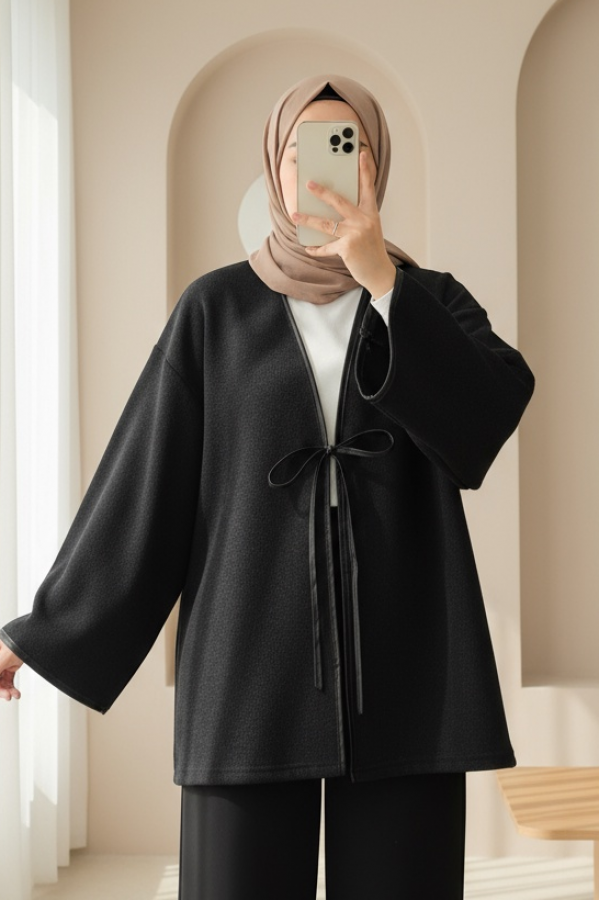 Önü Bağlamalı Deri Detaylı Salaş Kimono  -Siyah
