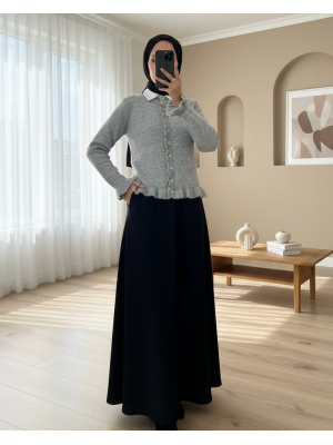 Düğmeli Önü Ve Eteği Fırfırlı Hırka -Gri