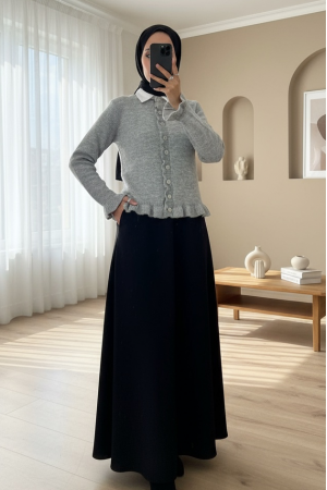 Düğmeli Önü Ve Eteği Fırfırlı Hırka -Gri