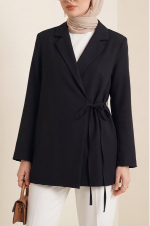 Yandan Bağcıklı Arkası Yırtmaçlı Astarlı Double Krep Ceket  -Siyah