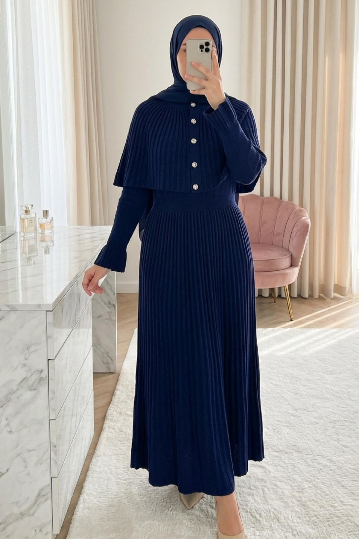 Long Knit Dress with Ribbed Skirt and Elastic Waistband and Cape Detail -Navy blue