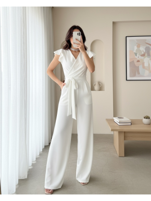 Fermuar Detaylı Fırfırlı Tulum   -Beyaz