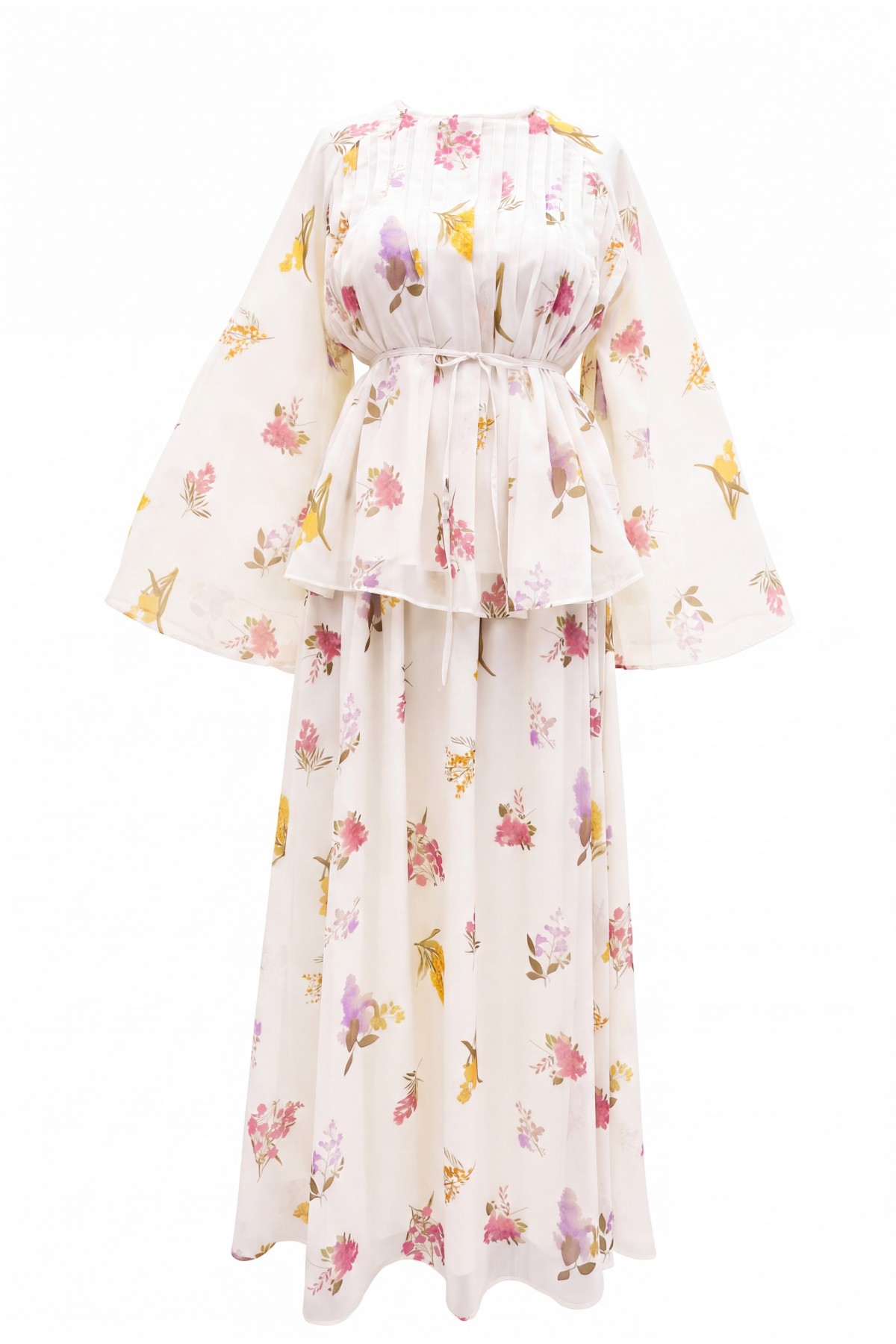Spanish-style chiffon set with lined sleeves, belt, and floral skirt. -Ecru