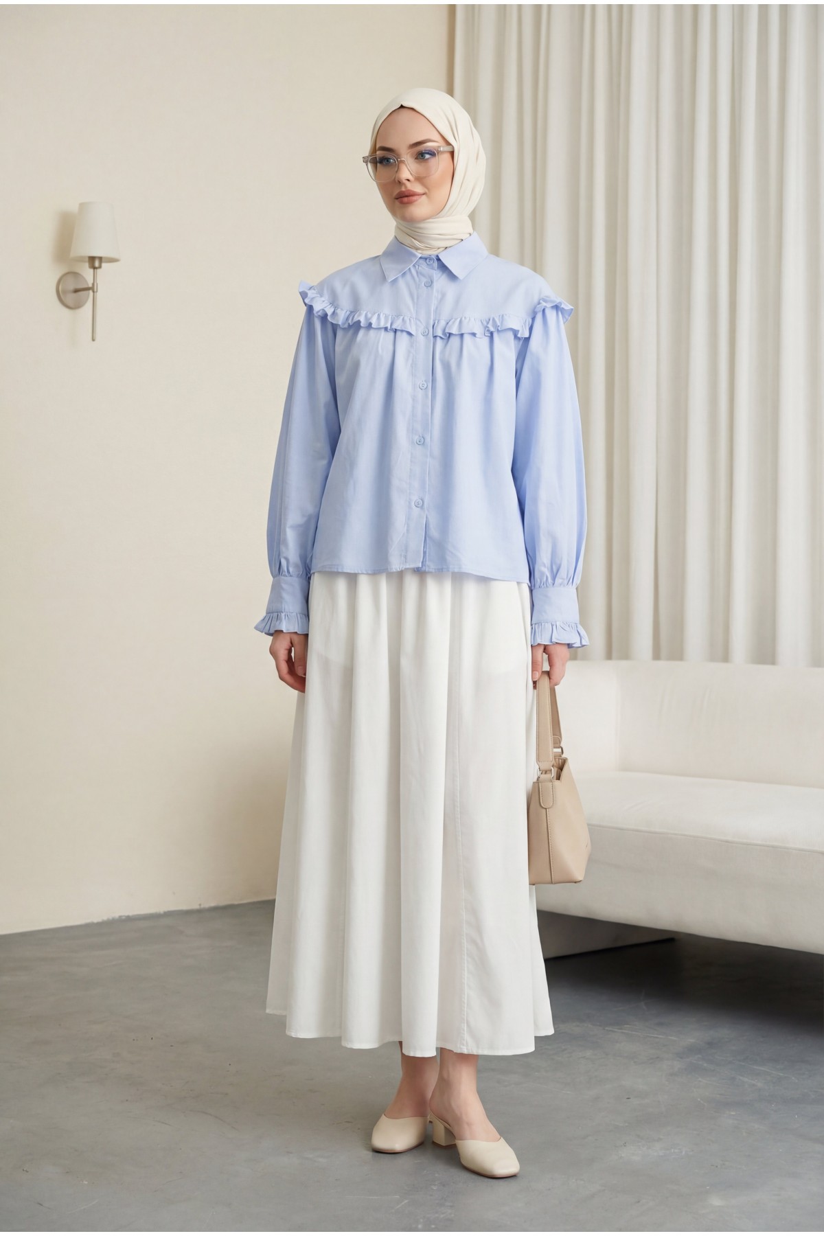 Short Shirt with Ruffle Detail and Button Closure -Baby Blue