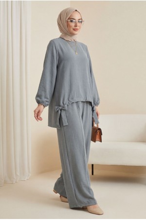 Önden Büzmeli Şalvar Pantolon Ayrobin Salaş Takım -Gri