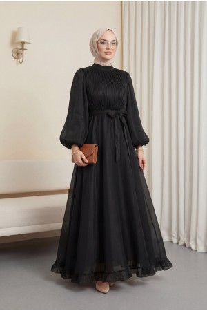 Eteği Volanlı Kemerli Janjan Şifon Elbise -Siyah