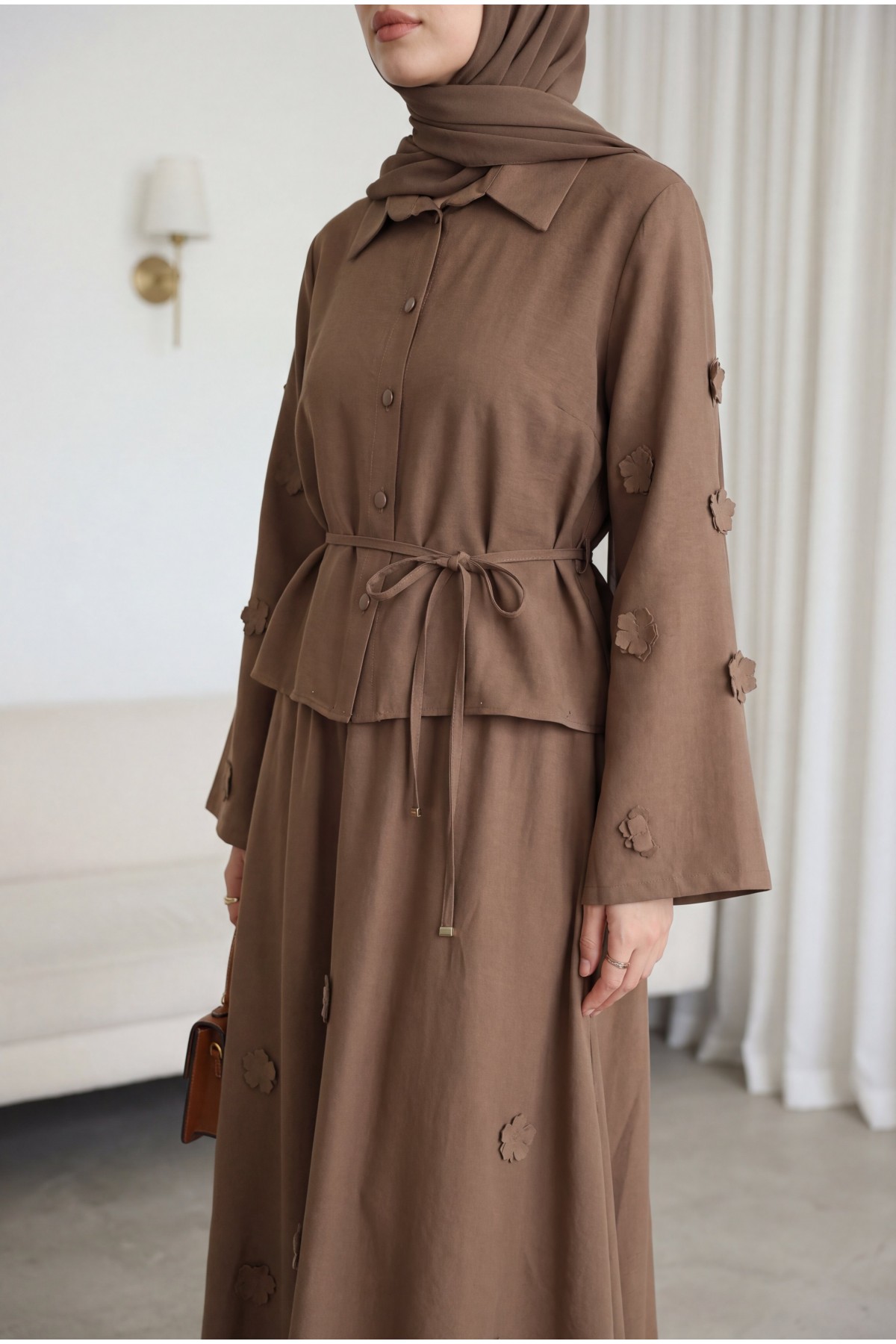 Two-piece Modal Shirt and Skirt Set with Floral Sleeves and Hem and Drawstring Waist. -Brown