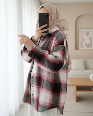 Kadın Ekose Desen Oversize Oduncu Gömlek 3854 Kiremit