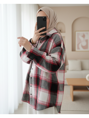Kadın Ekose Desen Oversize Oduncu Gömlek 3854 Kiremit