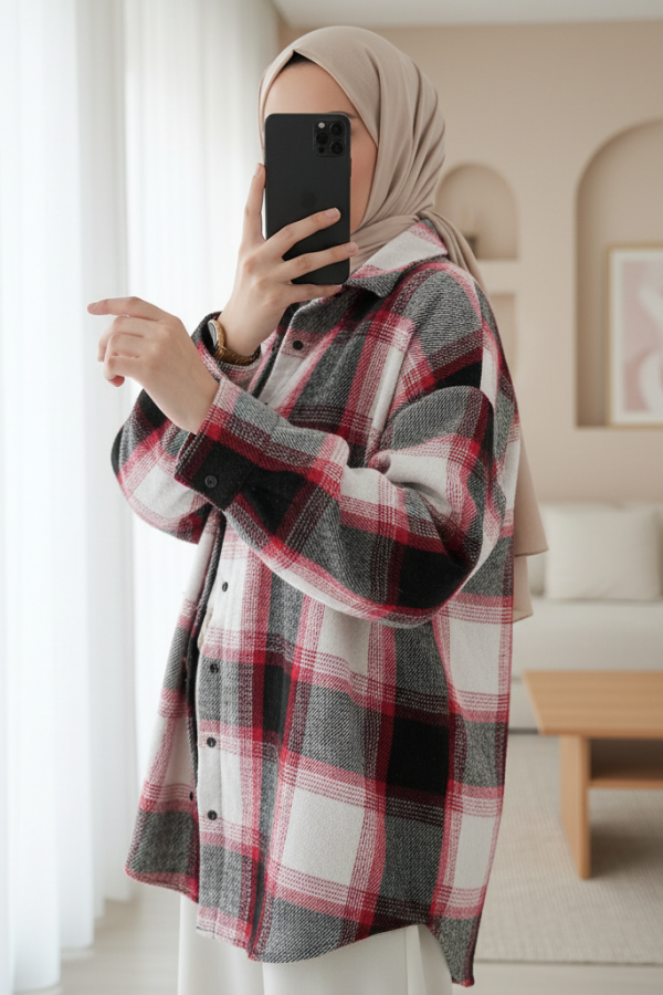 Kadın Ekose Desen Oversize Oduncu Gömlek 3854 Kiremit