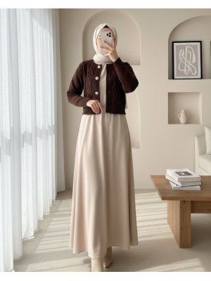 Stone Button Ripped Crop Cardigan  -Brown