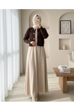 Taş Düğmeli Yırtıklı Krop Hırka  -Kahve