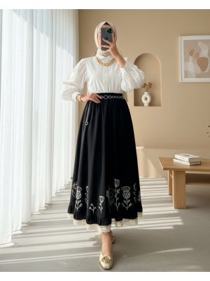 Dantel İşlemeli Beli Lastikli Etek  -Siyah
