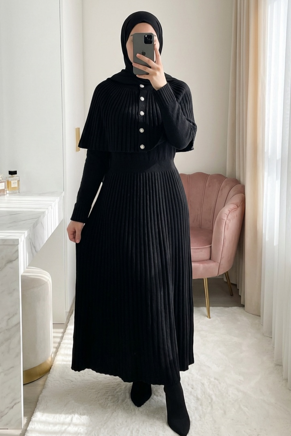 Long Knit Dress with Ribbed Skirt and Elastic Waistband and Cape Detail -Black