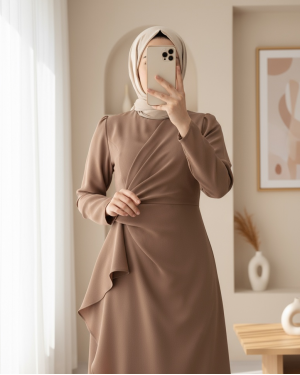 Önü Allerli Eteği Asimetrik Krep Elbise -Vizon